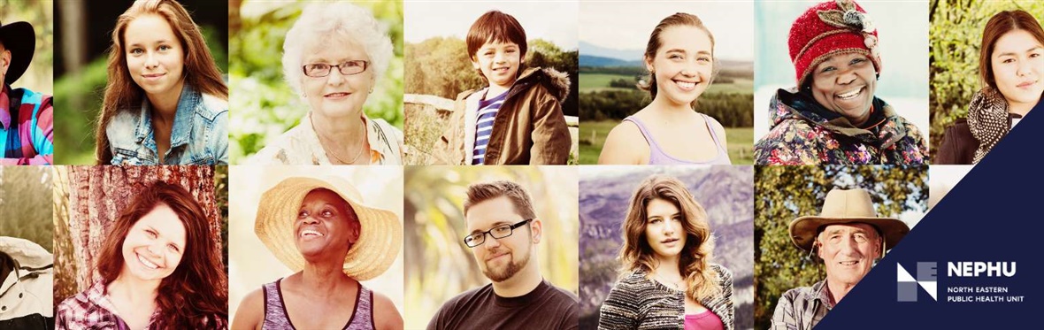 Collage of a diversity of people as headshots with the NEPHU logo in the corner